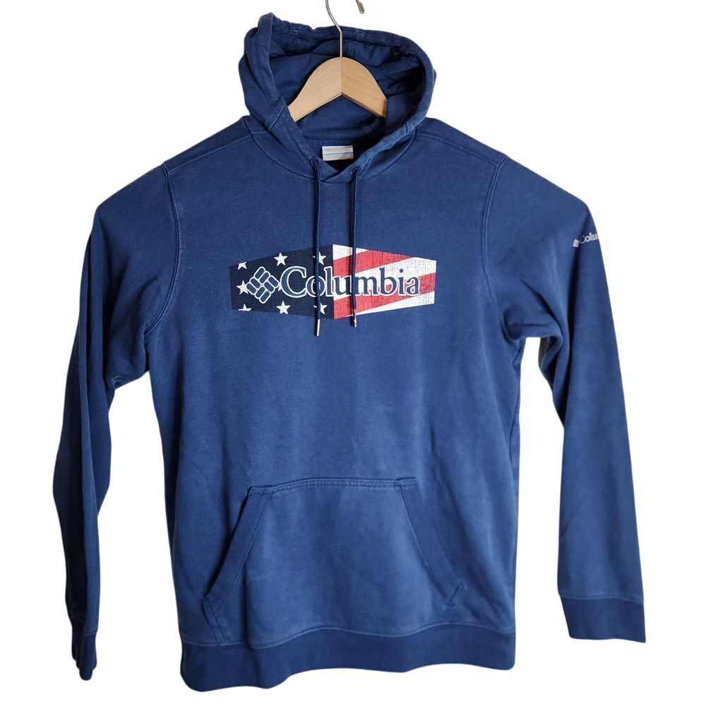 Columbia Hoodie Men's Medium Pullover Sweatshirt Patriotic American Flag‎ Blue